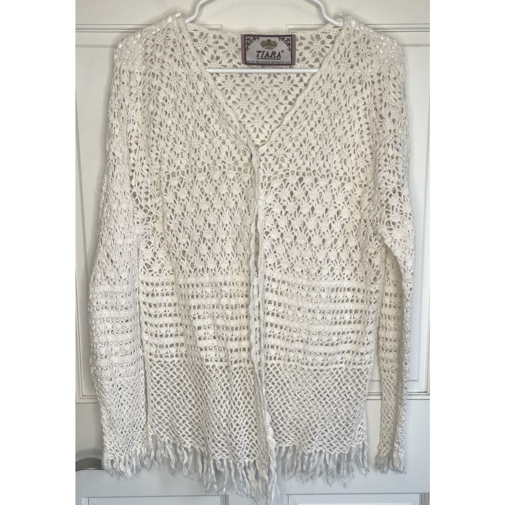 Vintage Women's Boho Fringe Open Knit Crochet Cardigan Sz M Hippie Festival